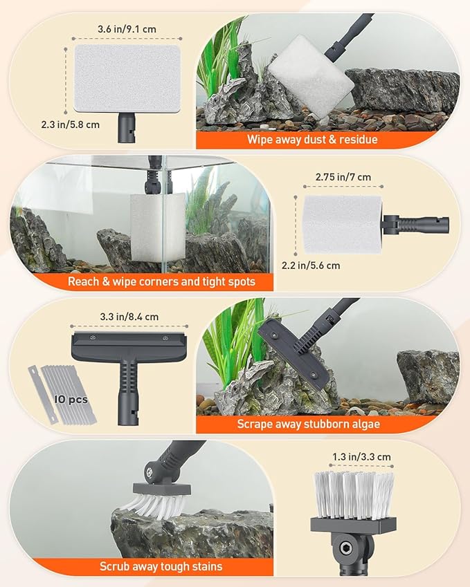 Pawfly Aquarium Cleaning Tools, 7 in 1 Fish Tank Cleaning Kit, Algae Scraper, Sponge Scrubber Pad, Brush, Gravel Rake & Fish Net with Adjustable Long Handle, Tank Cleaner Set