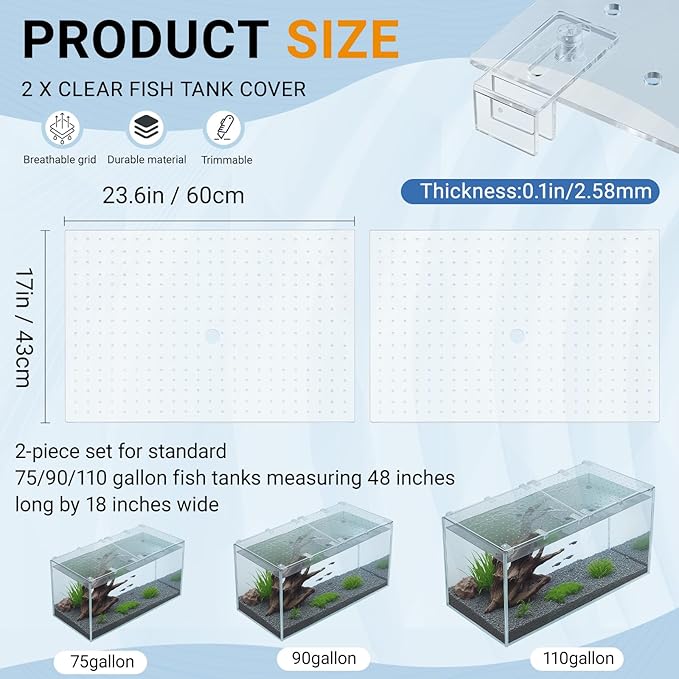 Colingmill 2 Pcs Aquarium Acrylic Fish Tank Lid Covers for 70/75/90/110 Gallon, 48 X18 Glass Cuttable Canopy Top Net, Anti-Jump Net with Clips (Each 22.68 x 16.93 x 0.1in)