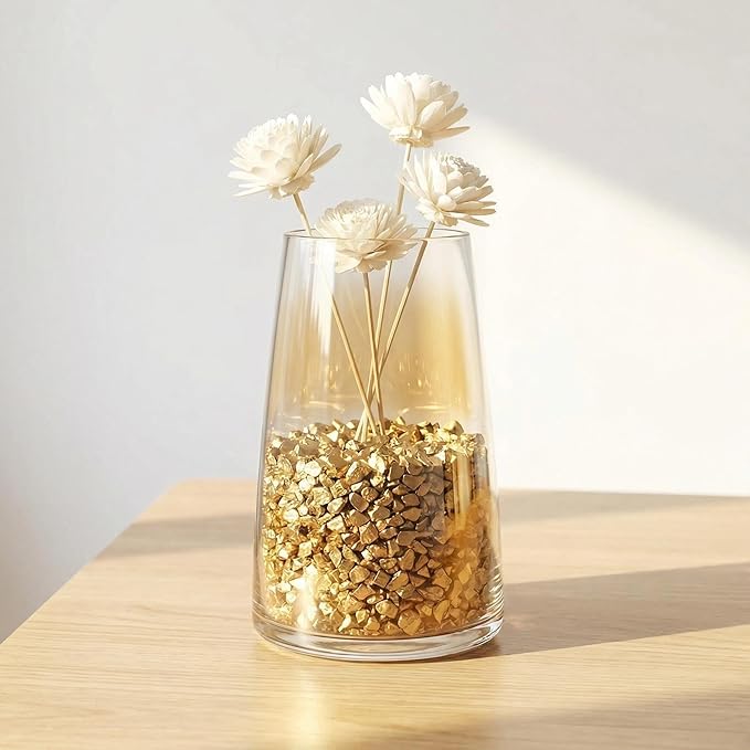 HappyFiller Golden Nuggets Crushed Glass for Resin Art,Small Gravels Stones for Aquarium Fish Tank Bottom Granule,Vase Filler Candle Holder Decor,Wedding Centerpieces Decoration,0.81 LB Gold