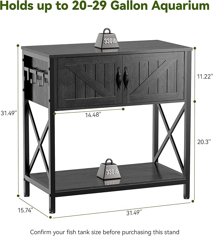 Petrova 20-29 Gallon Fish Tank Stand, Metal Double Aquarium Stand with Storage Cabinet, Heavy Duty 31.5" L* 16.54" W Tabletop, 330LBS Capacity, Grey