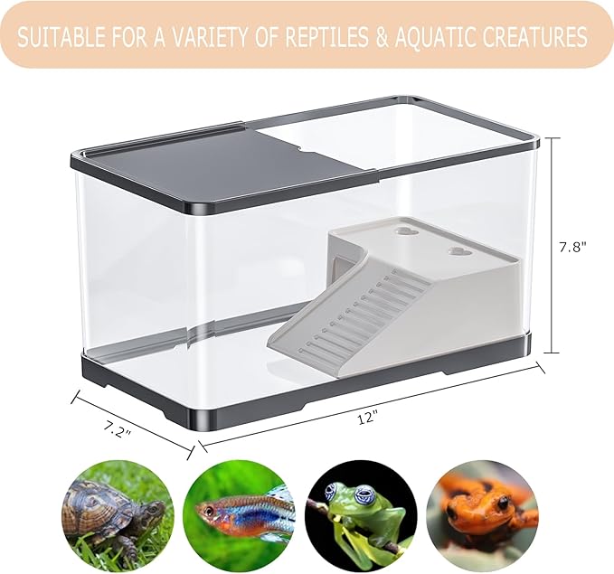 Turtle Tank Starter Kit, Upgraded Aquarium Fish Tank Kit with Filter,Fish Net, Reptile Habitat with Adjustable UV Lamp & Lid,Bask Platform for Crabs,Amphibians,Reptiles.(12"x7.7"x7.2")