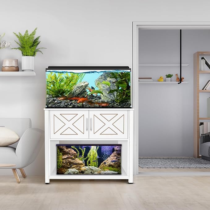 BEURUKU 40 Gallon Tank Stand with Cabinet and Power Outlets, Heavy Duty Metal Aquarium Stand for 40-50 Gallon Breeder Tank, Turtle Tank, Double Terrarium Stand, 660LBS Capacity, White