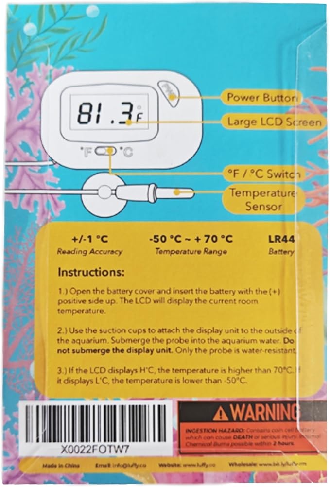 SunGrow Digital Betta Thermometer for Tropical Aquarium Fish, Black Color, 4 Suction Cups and 2 Batteries Included, 2 pcs per Pack