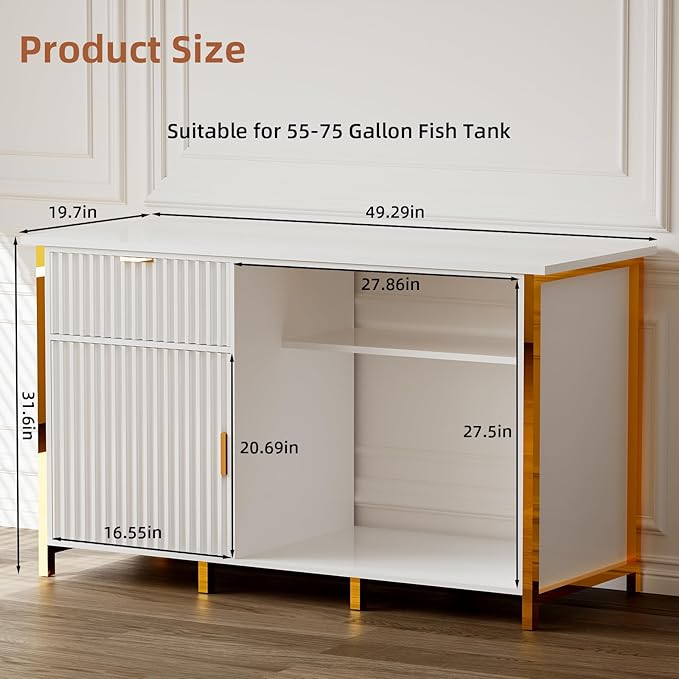 55-75 Gallon Fish Tank Stand with Power Outlets, LED Light, Vertical Lines, Heavy Duty Aquarium Stand with Cabinet for Fish Tank Accessories Storage, Turtle Tank, Reptile Terrarium, 1100LBS, White
