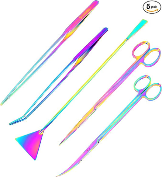 Mandala Crafts Rainbow Stainless Steel Aquascaping Tools Kit – Aquarium Plant Tools with Tweezers, Spatula, and Scissors for Fish Tanks, Hospital Tanks, Goldfish Bowls, Aquariums, and Terrariums
