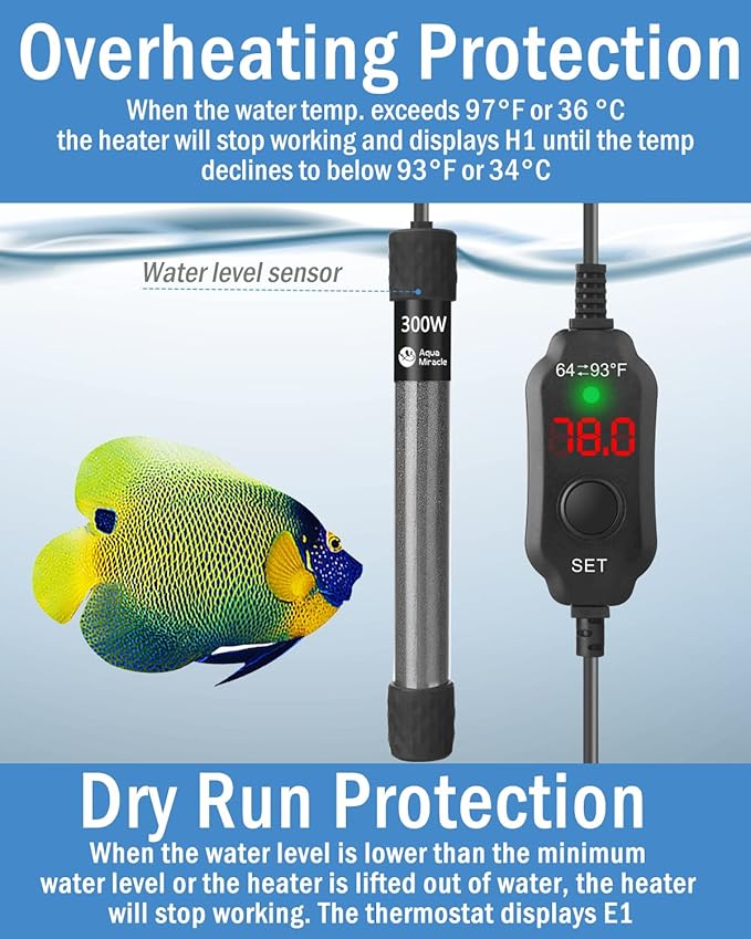 AquaMiracle Aquarium Heater 300W Fish Tank Heater for 40-60 Gal Tanks, LED Digital Display Thermostat Turtle Heater with Out-of-Water Auto Shut-Off, Overheat Protection & Memory Function