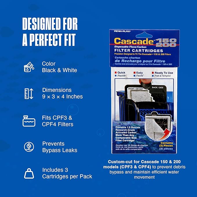 Penn-Plax Cascade Hang-On Power Filter Replacement Cartridges, 3 Pack - Dual-Layer Activated Carbon & Poly-Fiber Media for CPF3 & CPF4 Aquarium Filters -Fresh & Saltwater - Black & White, ‎9x3x4in