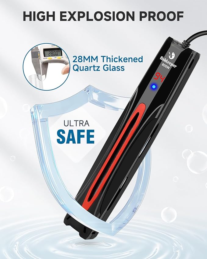 fishkeeper 800W Adjustable Submersible Aquarium Heater - PID Electronic Smart Thermostat Fish Tank Heater with Out-of-Water/Run-Dry/Overheat/Low-Temp Safrty Protection for 40-220 Gallon Fish Tanks