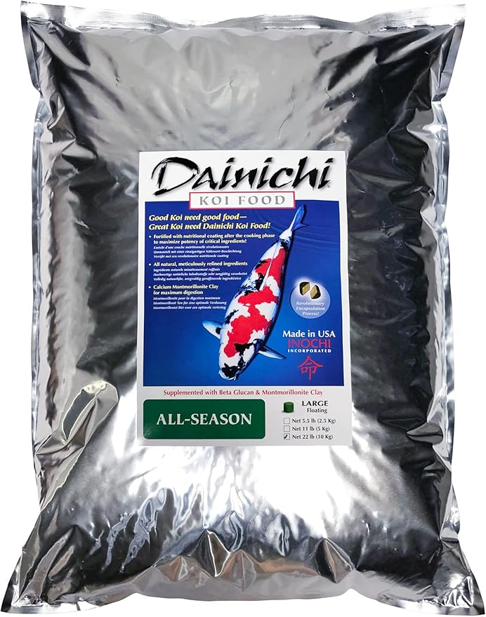 Dainichi Koi Fish Food, All-Season 22 lb Bag – Large Floating Pellets (8.5 mm) for Koi, Goldfish and Pond Fish – Cold-Weather and Winter Formula – Easily Digestible Wheat Germ Formula