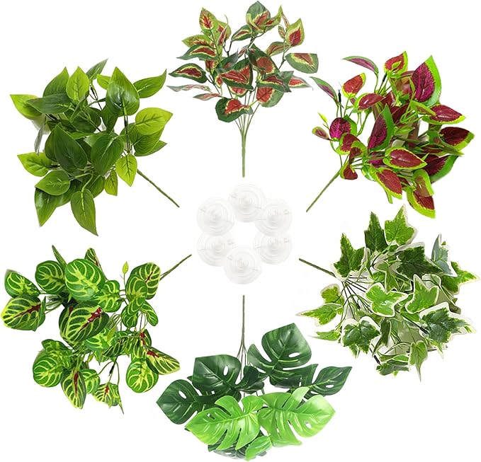 PINVNBY Reptile Terrarium Plants Hanging Artificial Lizards Habitat Climbing Decorations with Suction Cup Pets Tank Fake Green Plastic Ornament for Amphibians Bearded Dragons 6PCS…
