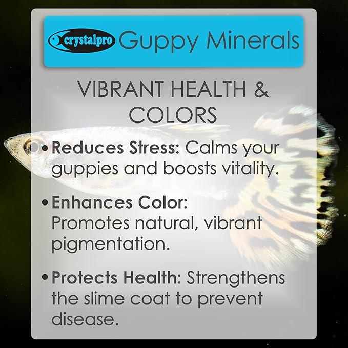 Crystalpro Guppy Minerals 4.22 Oz - Mineral Additive for Guppies - Replenishes Protective Coat and Improves General Health Freshwater Aquarium Salt (125 ml) Treats 660 Gallons