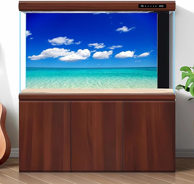 Ocean Sea Fish Tank Background Tropical Paradise Ocean Aquarium Background Sunny Seascape Terrarium Backgrounds Sunny Blue Sky Cloudy Seacoast Sandbeach Sea Waves Reptile Tank Backgrounds 36x20in