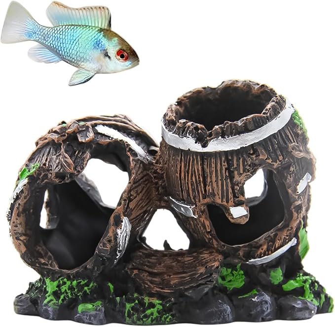Colorful Resin Fish Tank Ornament with Multiple Hiding Spots, Safe Shelter for Small and Medium Aquariums, Stress-Relief Underwater Decor, Easy to Clean (2 Oak Barrels)