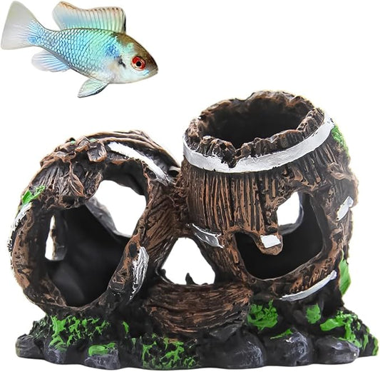 Colorful Resin Fish Tank Ornament with Multiple Hiding Spots, Safe Shelter for Small and Medium Aquariums, Stress-Relief Underwater Decor, Easy to Clean (2 Oak Barrels)