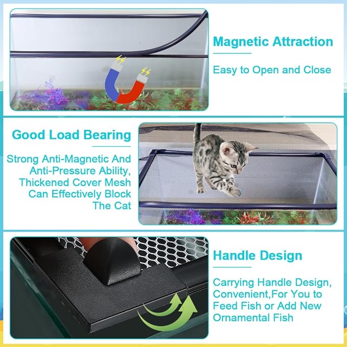 Magnetic Aquarium Cover Lid, DIY Fish Tank lid Anti-Jumping net Cover mesh Terrarium lid Aquarium Hood，Adjustable Size Fit Tank Size Max 35''X19''
