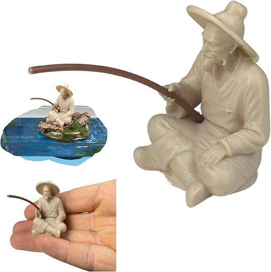 Miniature Zen Fisherman Figurine – Old Wise Man Fishing Bonsai Tree Accessory – 3D Printed Ivory Finish Aquarium & Terrarium Decor – Oriental Feng Shui Sand Garden Ornament