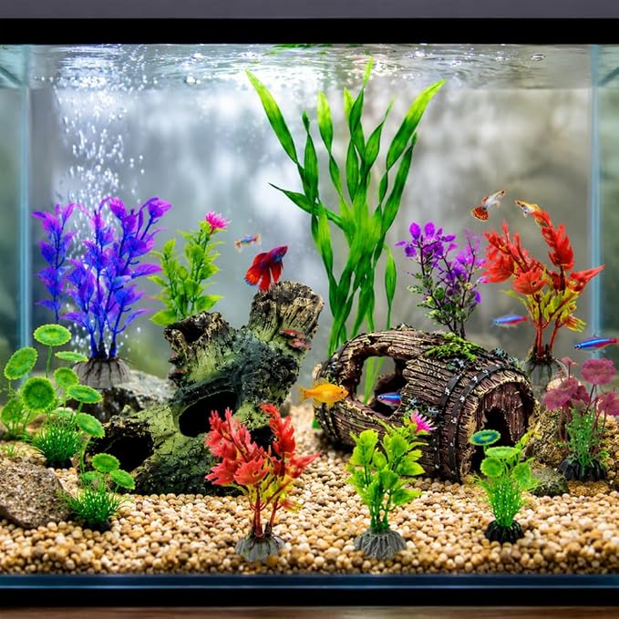 Aquarium Decorations Set, Fish Tank Decor with Artificial Plants and Resin Ornaments, Betta Fish Tank Accessories for Small Tanks, Soft Safe Plastic Plants with Hideout Cave Décor(Ornaments set #2)