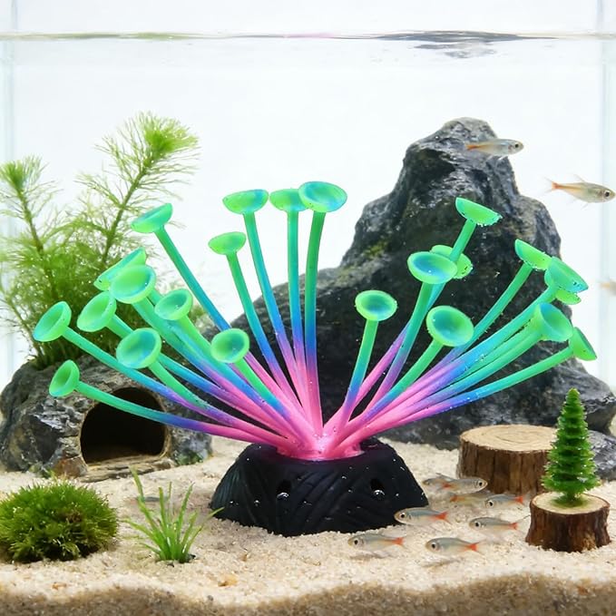 Suction Cup Anemone Aquarium Decor with Silicone Tentacles, Realistic Coral Reef Ornament for Saltwater and Freshwater Fish Tanks, Flexible Habitat for Shrimp, Invertebrates & Aquascaping (Green)