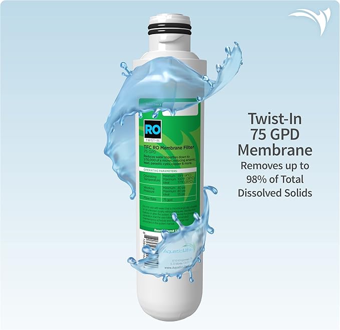 Aquatic Life Twist-In Reverse Osmosis Aquarium Water Filter Replacement Cartridge Pack, Includes 75 GPD Membrane, Sediment, Carbon Block and Deionization DI Filters for 3 and 4-Stage RO/DI System