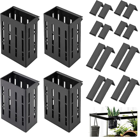 4 Pack Aquarium Plant Holder for 1-3.2in Edge, Hanging Fish Tank Plant Holder Aquatic Plant Pot with 16 Hooks for Live Plants Aquarium Planter Fish Tank Decorations