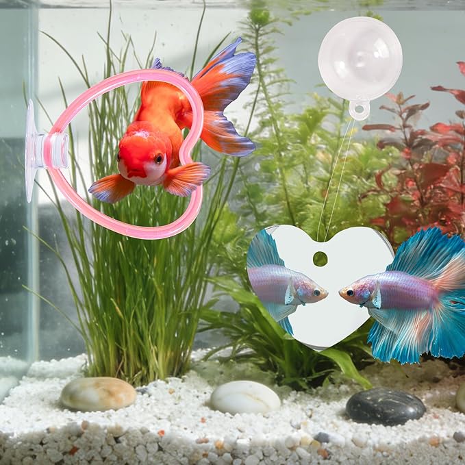 Betta Fish Toys, 2 PCS Heart Fish Exercise Ring and Nitrifying Balls Set, Heart Betta Mirror Toy Set, Feeding Ring with Suction Cup, Fishing Tank Accessories for Gifts (Pink)