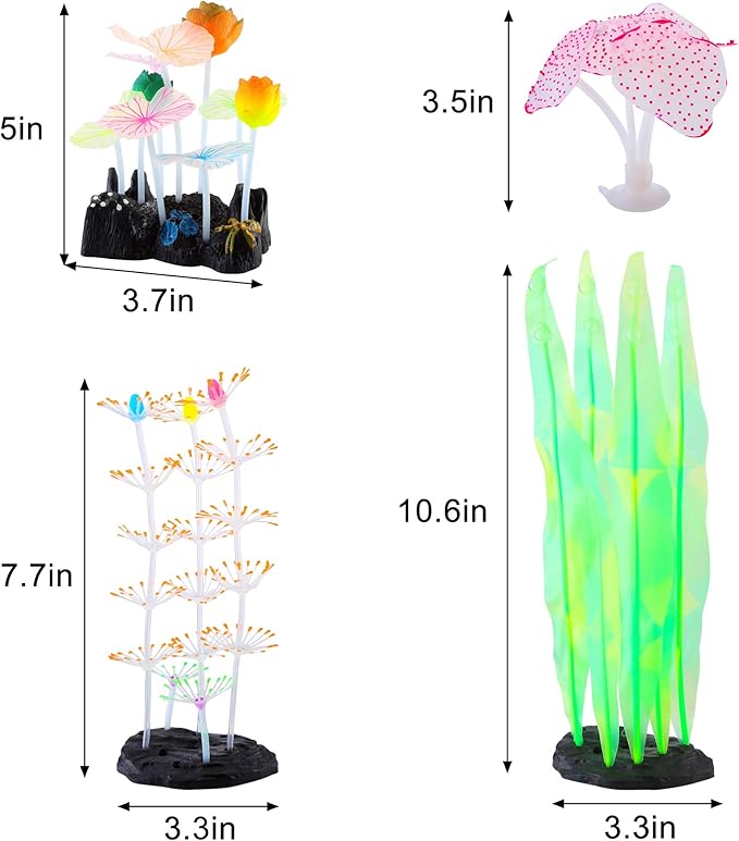 Glowing Fish Tank Decorations Plants, 4 pcs Glow Aquarium Decoration Plants Kit Glowing Coral Plant Ornaments Lotus Kelp and Anemone