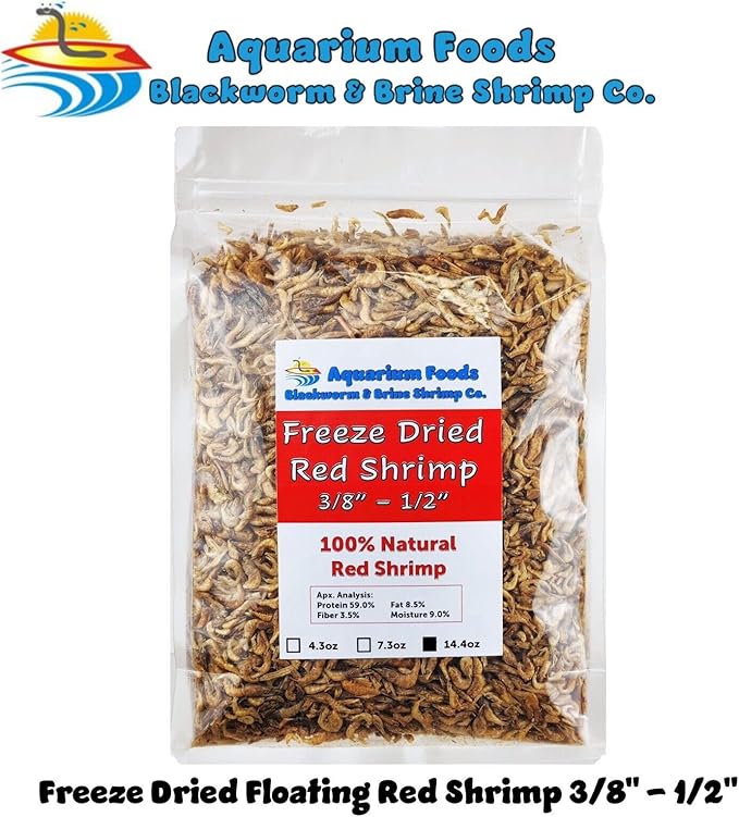 Red Shrimp, 3/8" to 1/2" Floating Freeze Dried Red Shrimp for All Tropical Fish, Cichlids, Catfish, Marines, Pond Fish, Aquatic Turtles, Rodents, Reptiles - 14.4oz Clear Bag