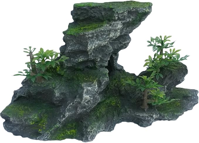 Gray Boulder Rock Outcrop Ledge Ornament, 6 Inches Tall with Plastic Seaweed Plants, Artificial Aquarium & Fish Tank Stepped Decoration Ornament, Fish, Reptile & Turtle Safe Polyresin
