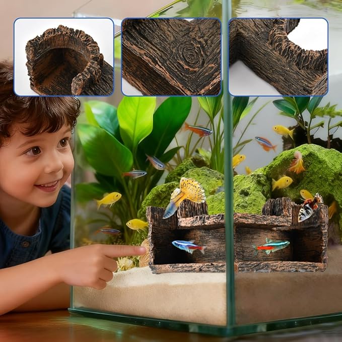 Aquarium Underground Corner Cave with 2 Simulated Resin Coral, Natural-Looking Wood-Like Bet-ta Fish Hideout Fish Tank Decorations, for Avoid Aggressive Behavior