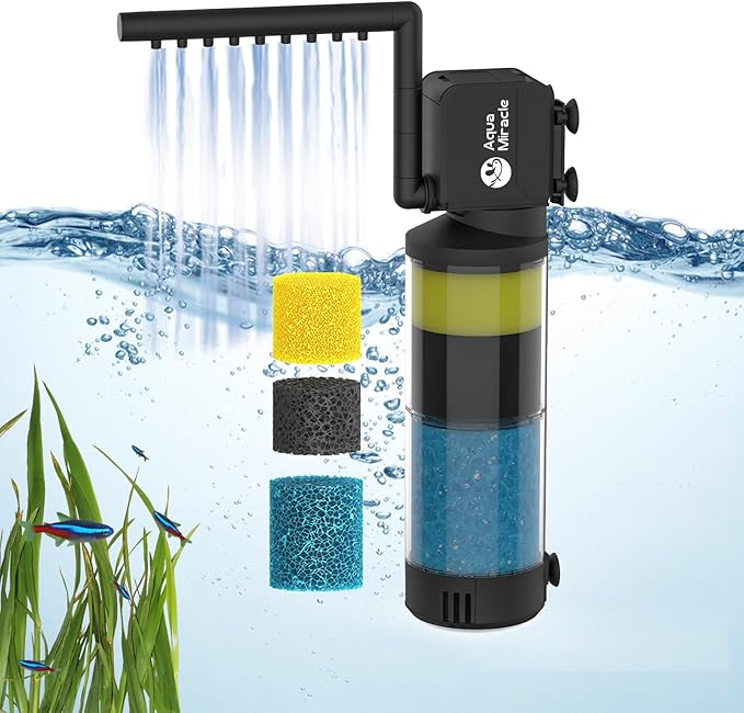 AquaMiracle Aquarium Filter for 10-40 Gallon Aquariums, Fish Tank Filters Turtle Filter Internal Power Filter 3-Stage Filtration with Aeration/Rainfall Modes