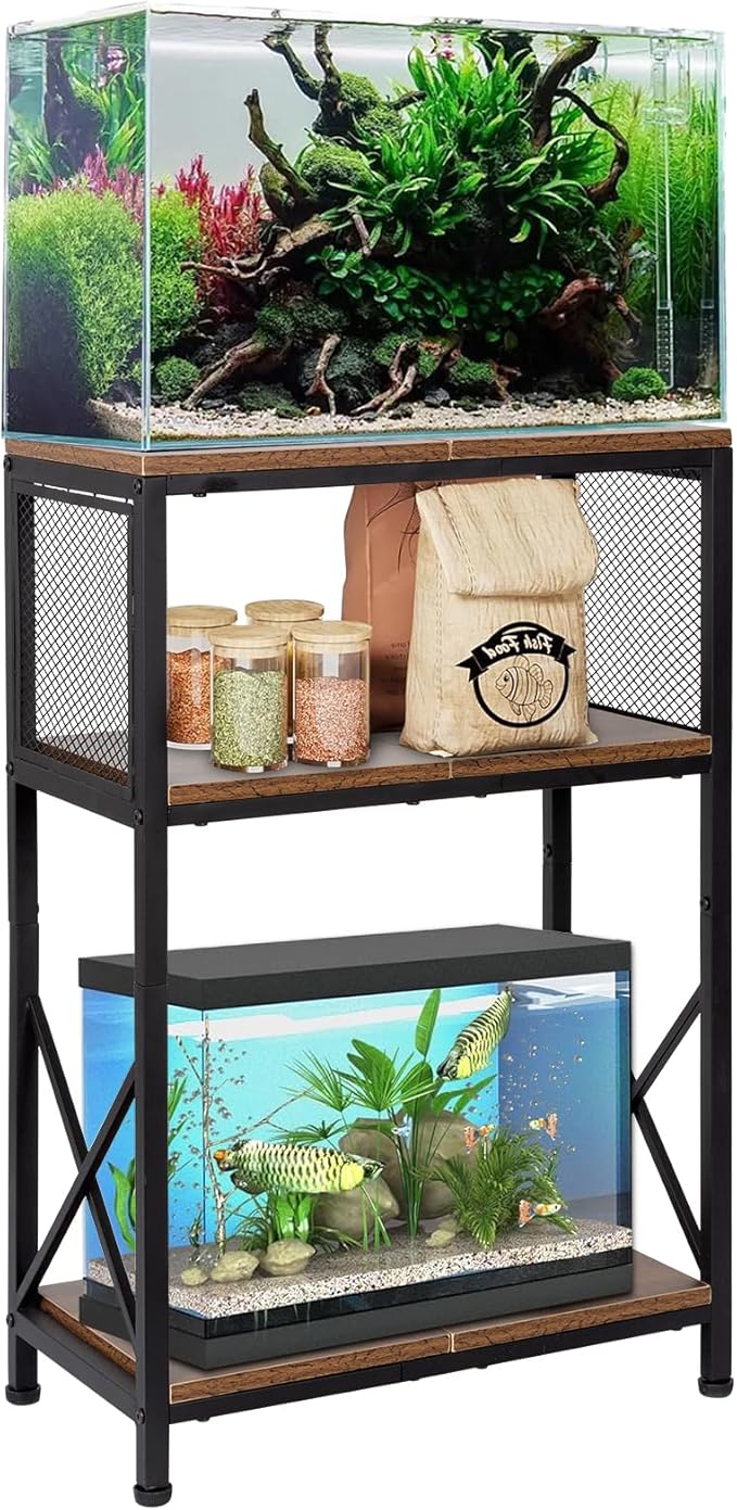 SwaaVee 10 Gallon Fish Tank Stand, Heavy-Duty 3-Tier Metal Storage Cabinet, Rustic Brown Aquarium Stand for Fish, Turtle & Reptile Terrariums (Rustic Brown)