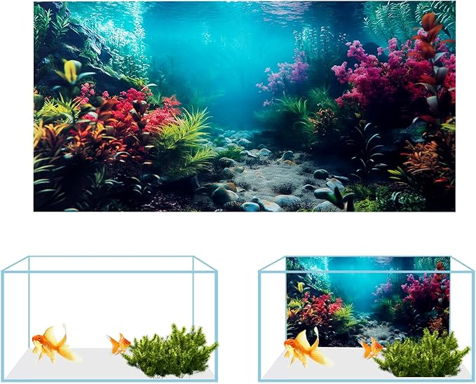 COMSUN 3 Pack Aquarium Background, 60x24 inches Polyester Aquarium Background, Cloth Fish Tank Background, Undersea Corals Sunshines & Rock Aquatic Plants