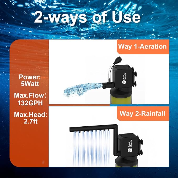 AquaMiracle Aquarium Filter for 10-40 Gallon Aquariums, Fish Tank Filters Turtle Filter Internal Power Filter 3-Stage Filtration with Aeration/Rainfall Modes