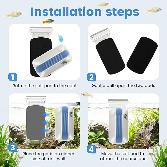 AQQA Aquarium Magetic Glass Cleaner Brush with 2 Detachable Scrapers Floating Fish Tank Cleaning Tools Algae Scraper for 0.25-0.45 inch Thick Glass/Acrylic Tanks (Medium)