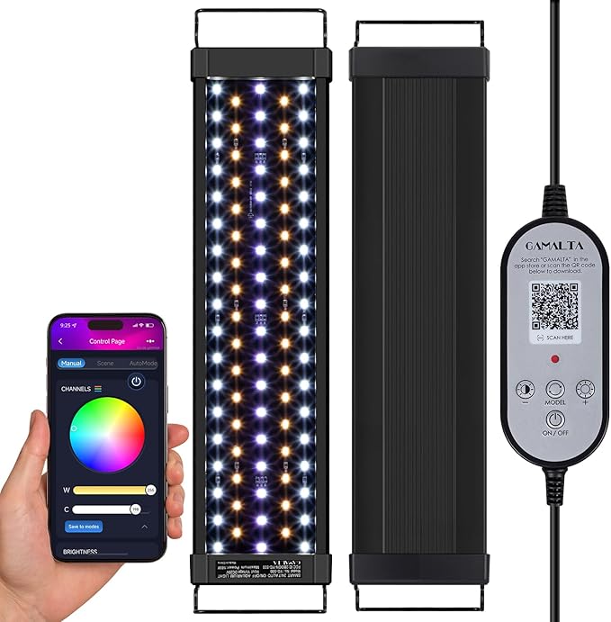 18W Smart Bluetooth App-Controlled Aquarium Light - Customizable Light Colors,Timeable,24/7 User-Defined Sunrise/Sunset Simulation,Tropical Lighting Mode,Suitable for 18-24" Fish Tanks
