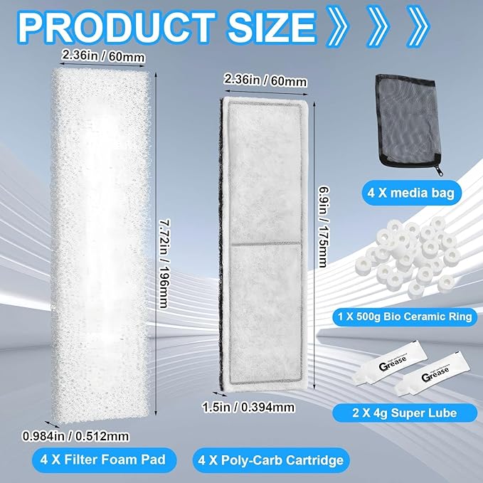 Threlaco 15 Pcs / 2 Set Underwater Filter Media Compatible with Fluval U3, Including 4 Filter Foam Pad, 4 Poly/Carbon, 500g Bio-Ring, 4 Mesh Bags, 2 Grease, for Freshwater Saltwater Aquariums
