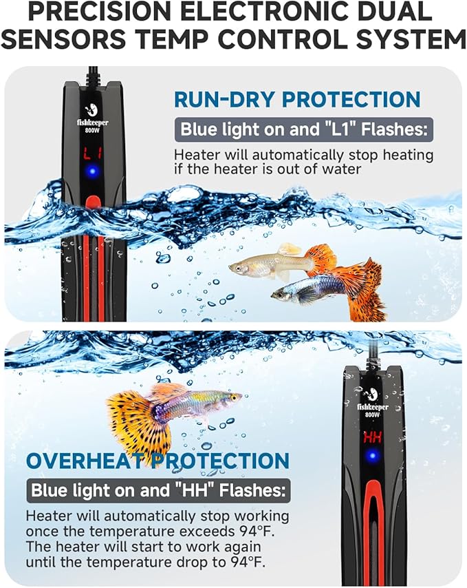 fishkeeper 800W Adjustable Submersible Aquarium Heater - PID Electronic Smart Thermostat Fish Tank Heater with Out-of-Water/Run-Dry/Overheat/Low-Temp Safrty Protection for 40-220 Gallon Fish Tanks