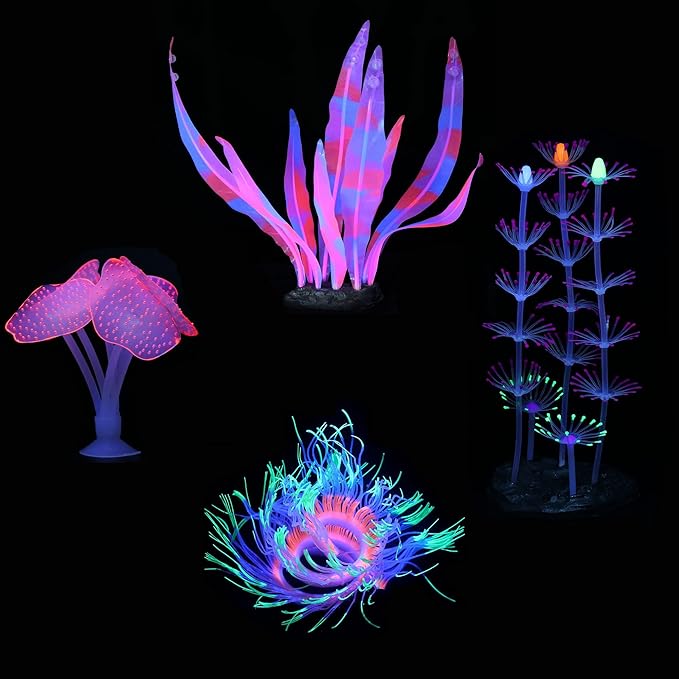 Glowing Fish Tank Decorations, 4 pcs Glow Aquarium Decor Set, Multicolor Underwater Themed Plants (Pink Coral, Green Anemone, Purple Feather Coral, Pink Kelp)