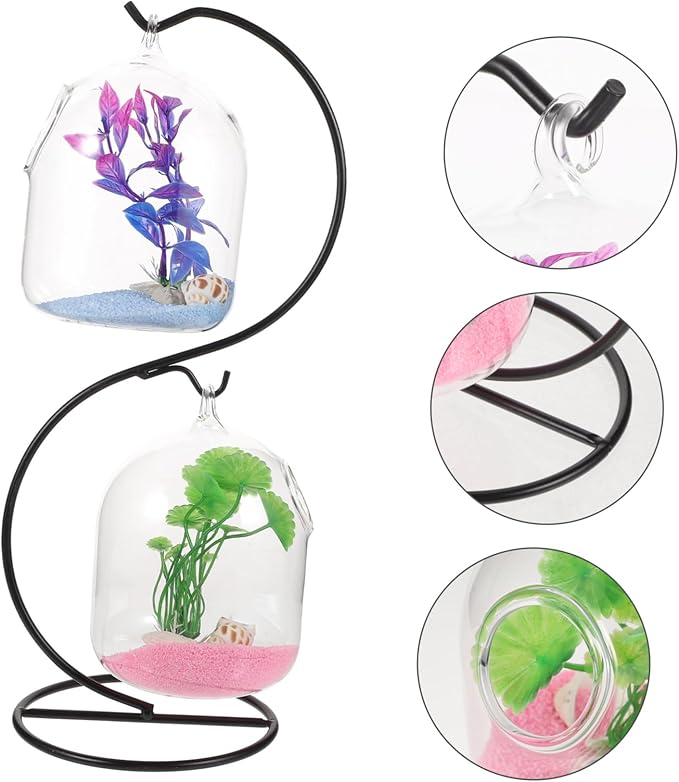 BESTOYARD Desktop Hanging Fish Tank with Stand Small Glass Aquarium Fish Bowl for Betta Modern Wall Hanging Mini Aquarium for Home Office Garden Clear Suspension Design 12.99X5.90X4.92In