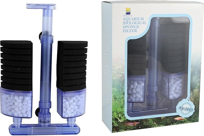 Multi Layer Filter Media Biochemical Dual Sponges Filters with Extendable Telescopic Air Flow Outlet Air Pump Driven for Betta Fry Aquarium Fish Tank Up to 50 Gallon (1-Pack, Black Sponge)