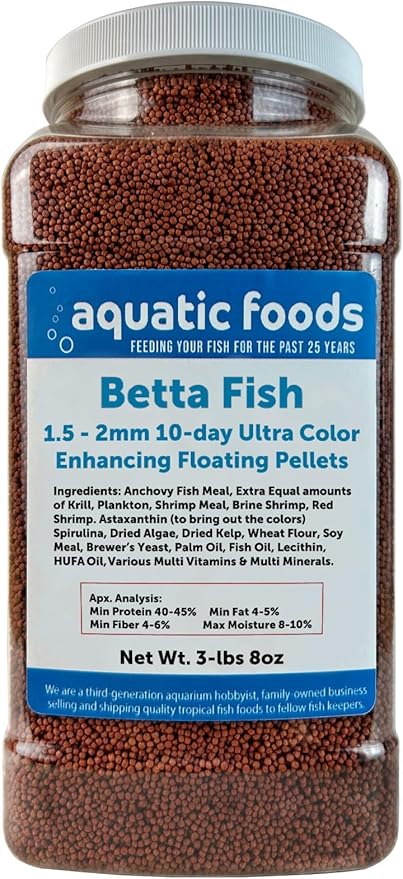Betta Fish Ultra Red Color Enhancing 1.5mm-2mm Floating Pellets. Color Enhancing in 10-Days for Juvenile and Adult Bettas…3-lbs 8oz Large Jar