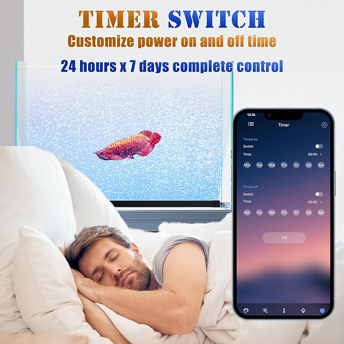 Smart App-Controlled LED Aquarium Light with 16 Million Colors, 12 Dynamic Effects, Fish Tank Light with Nano Air Bubble for Aquarium Bubbler Decorations, Submersible Fish Tank Accessories - 9.3''