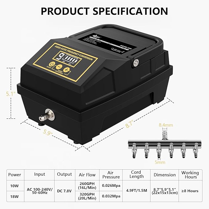 AQQA Powerful Aquarium Air Pump with 6 Outlets Battery Rechargeable Waterproof Outdoor Pond Oxygen Pump Fish Air Bubbler with Air Stones, Air Tubes and Valves (10W, 260GPH)