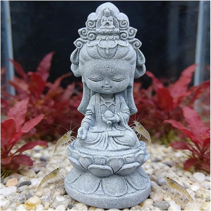 livelyfish Small Guanyin Buddha Statue Quanyin Figurine Sandstone Decorative for Fish Tank Aquarium Decor, (Gray)