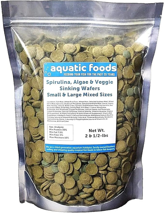 Small & Large Mix of Spirulina, Algae, Veggies, Sinking Wafers for Bottom Fish, Plecos, Shrimp, Snails, Monster Fish, Koi & Pond Fish, All Tropical Fish, Mixed Wafers…2.5-lb Bag