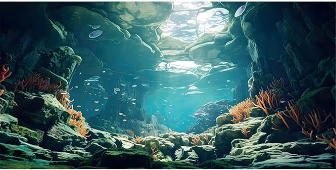 AWERT 30x18 inches Polyester Ocean Floor Fish Tank Background Underwater Coral Reef Stone Aquarium Background Seaweed Cave Sunlight Fish Tank Background