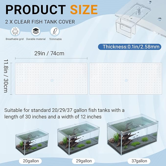 Colingmill 2 Pcs Aquarium Acrylic Fish Tank Lid Covers for 20/29/37 Gallon, 29 X12 in Glass Cuttable Canopy Top Net, Anti-Jump Net with Clips (Each 29 x 12 x 0.1in)