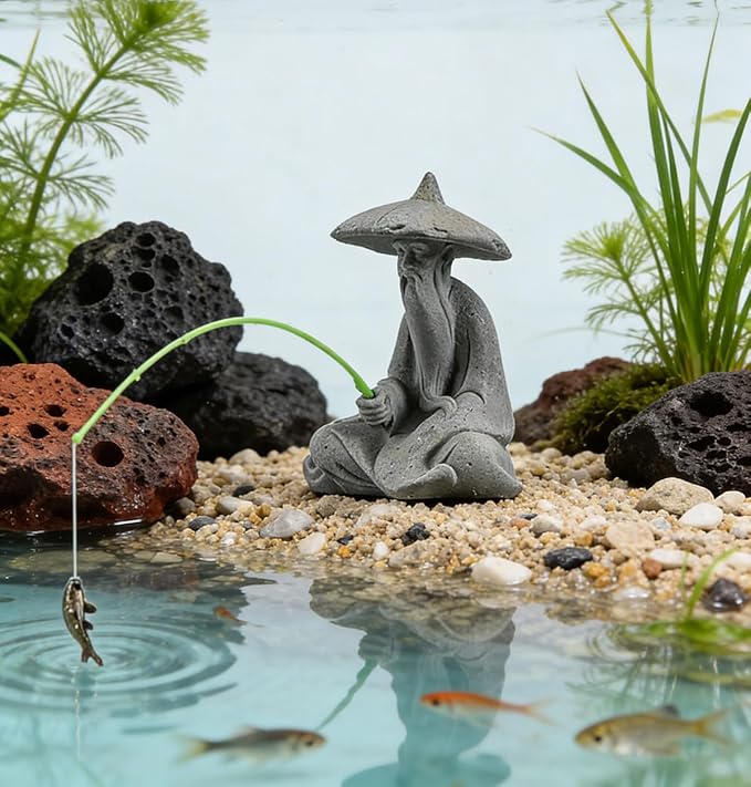 livelyfish Mini Fisherman Statue Asian Zen Decoration Sitting Fishing Figurines Sandstone Vintage Ornament for Aquarium Fish Tank Pot Garden Home Japanese Decor,D