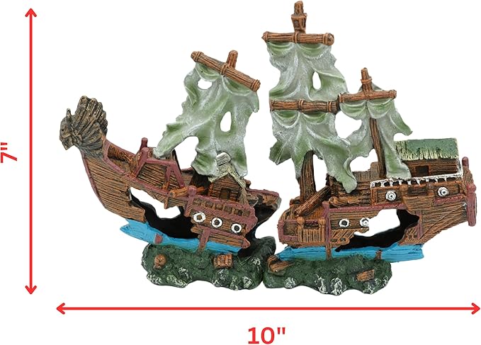 UNEAK - Shipwreck Aquarium Decorations Pirate Ship Ornament w/Sail (2 Pieces) 5 Gallons and Larger Fish Tank, Sunken Ship Decoration Ornaments, Decorative Resin Boat for Freshwater Saltwater Decor