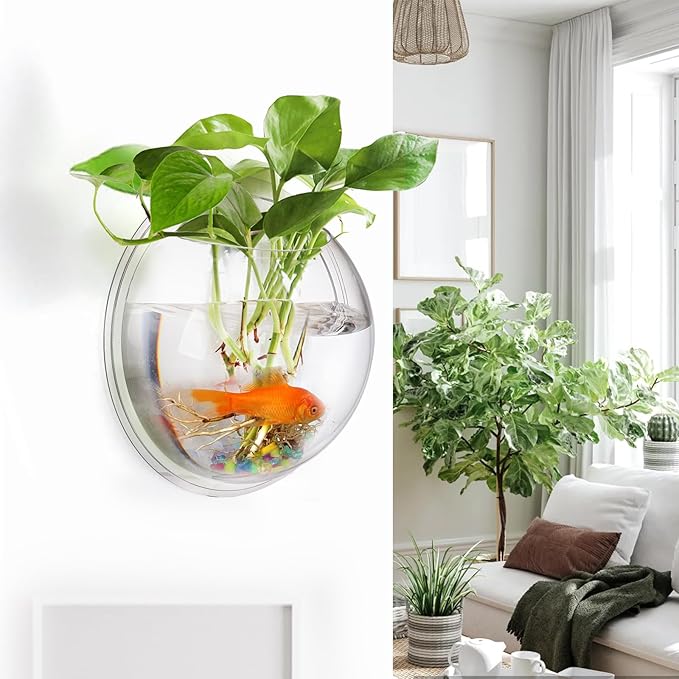 WUWEOT Hanging Fish Bowl, 9'' Acrylic Wall Mounted Fish Tank, 0.5 Gallon Hydroponic Air Plant Flower Pot, Transparency Bubble Vase Mini Aquarium Planter with Fake Plants and Colorful Stone